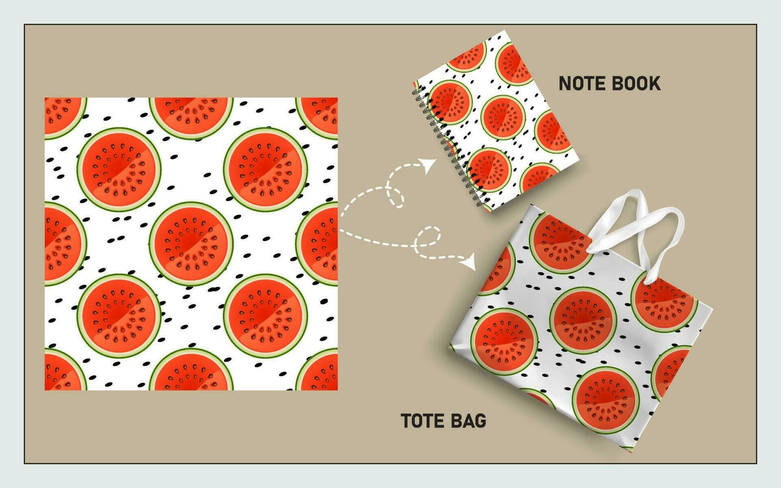 mockup tote bag and note book with slice of watermelon seamless pattern vector. vector