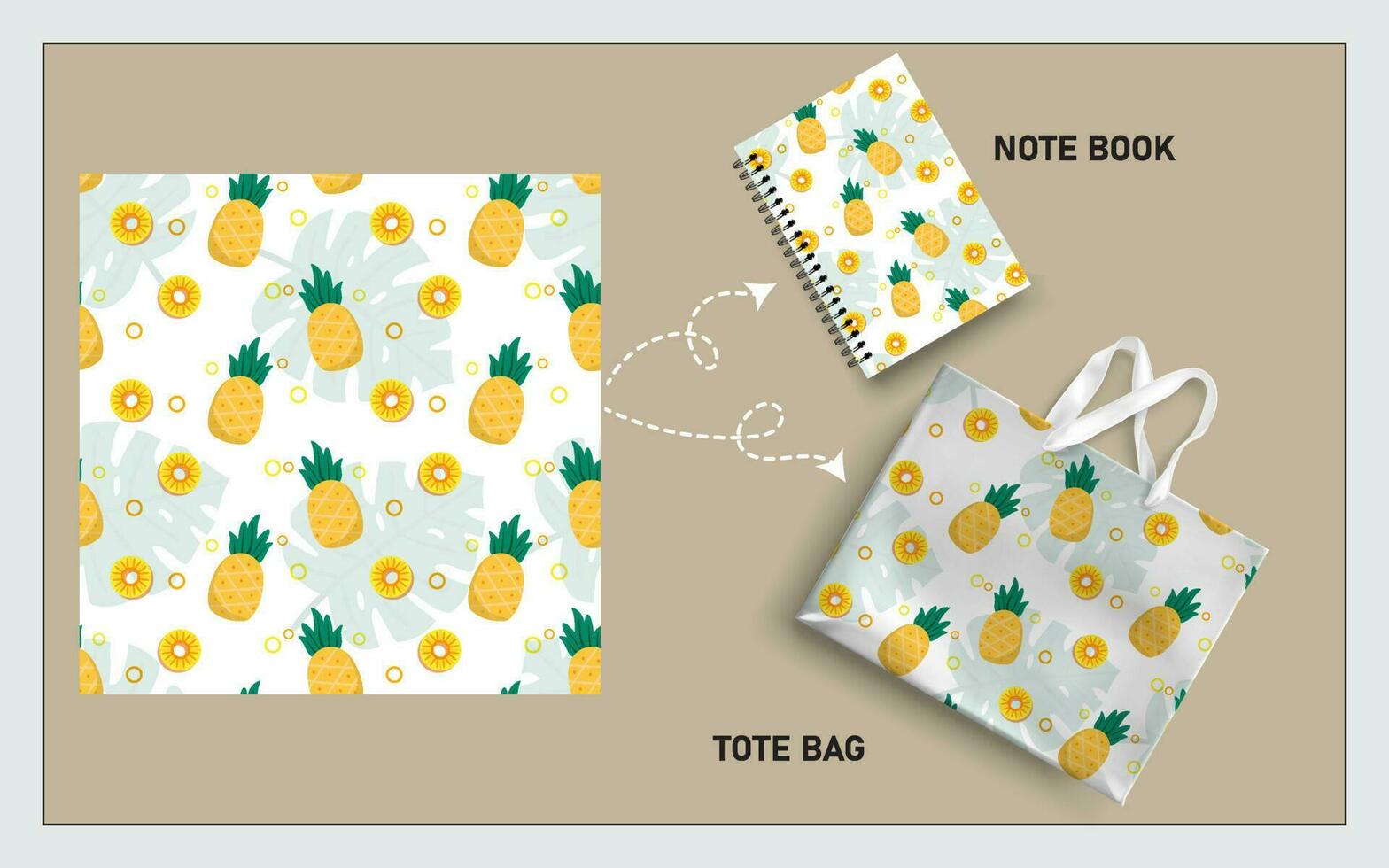 mockup tote bag and note book with pineapple fruits, leaf seamless pattern. vector