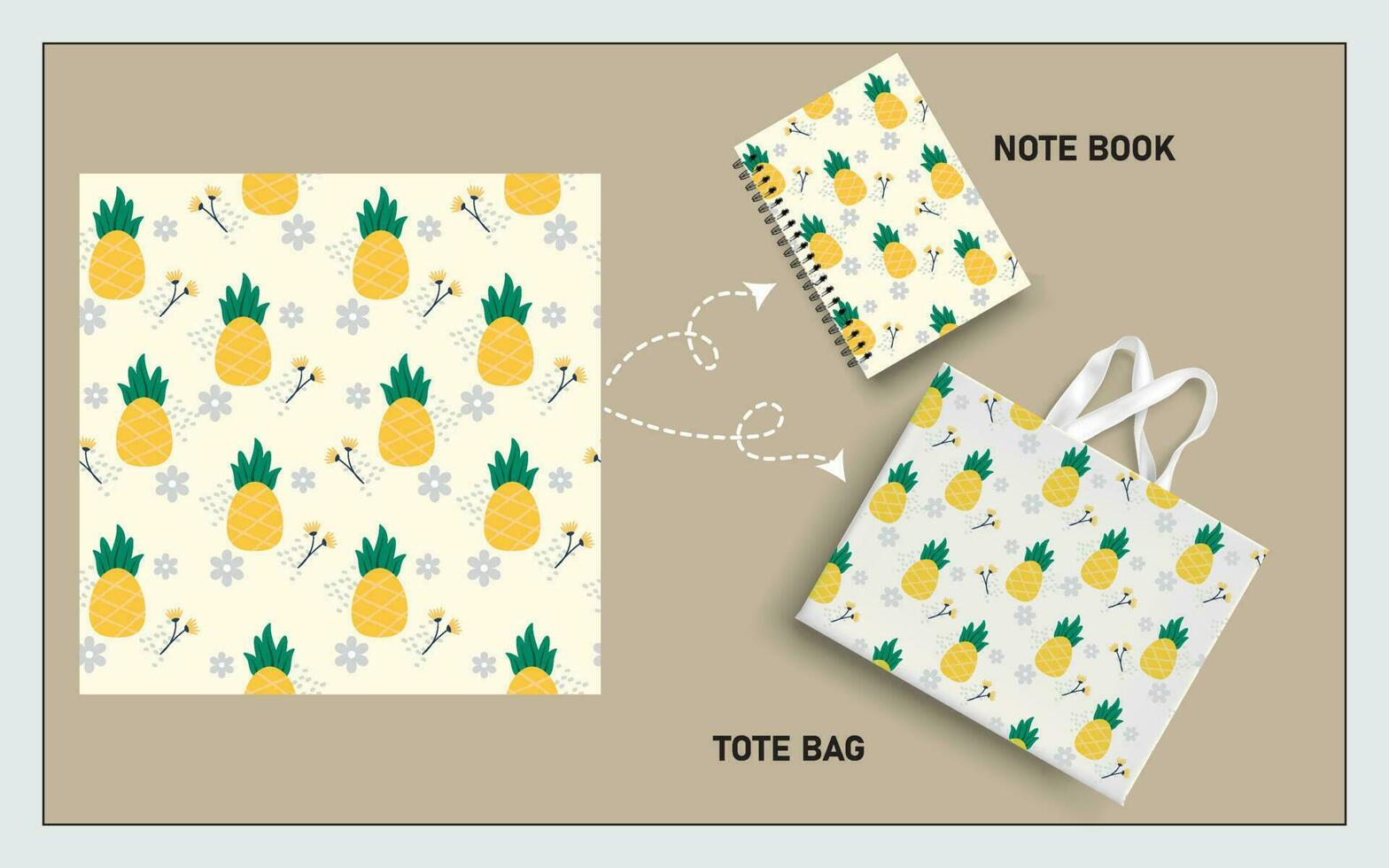 mockup tote bag and note book with pineapple fruits, leaf seamless pattern. vector