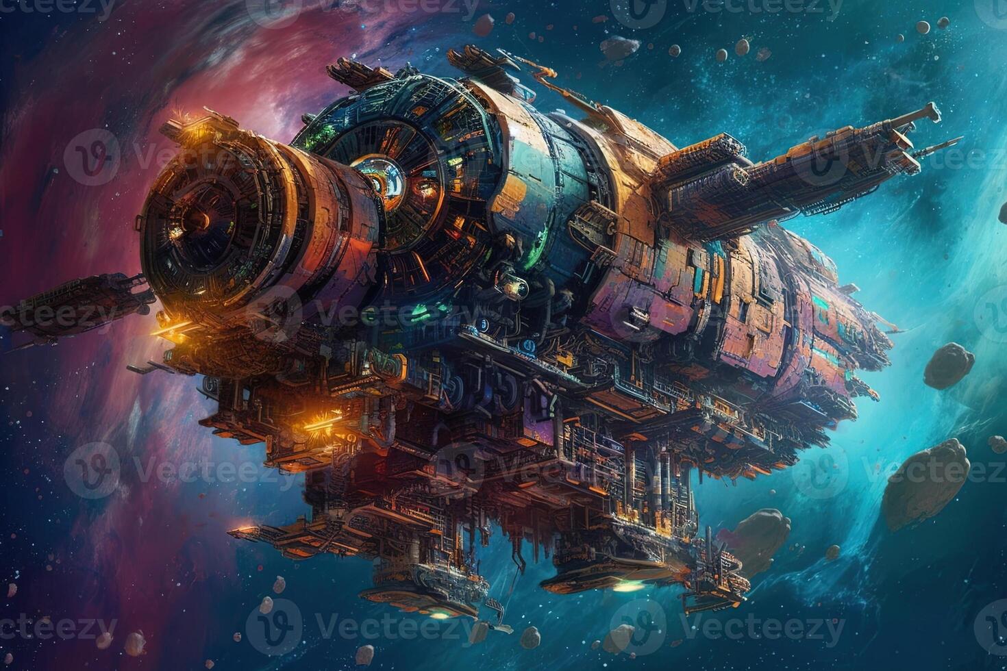 futuristic spaceship flying into a nebula illustration photo