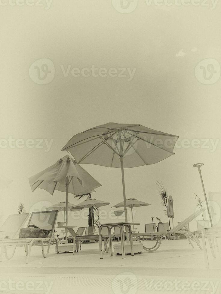 calm landscape over the pool with sunbeds, palm umbrellas and blue cloudless sky photo