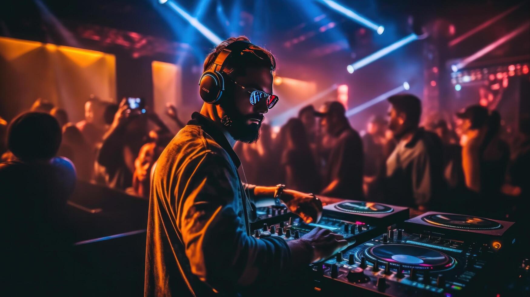 frio DJ con auriculares. ilustración ai generativo foto