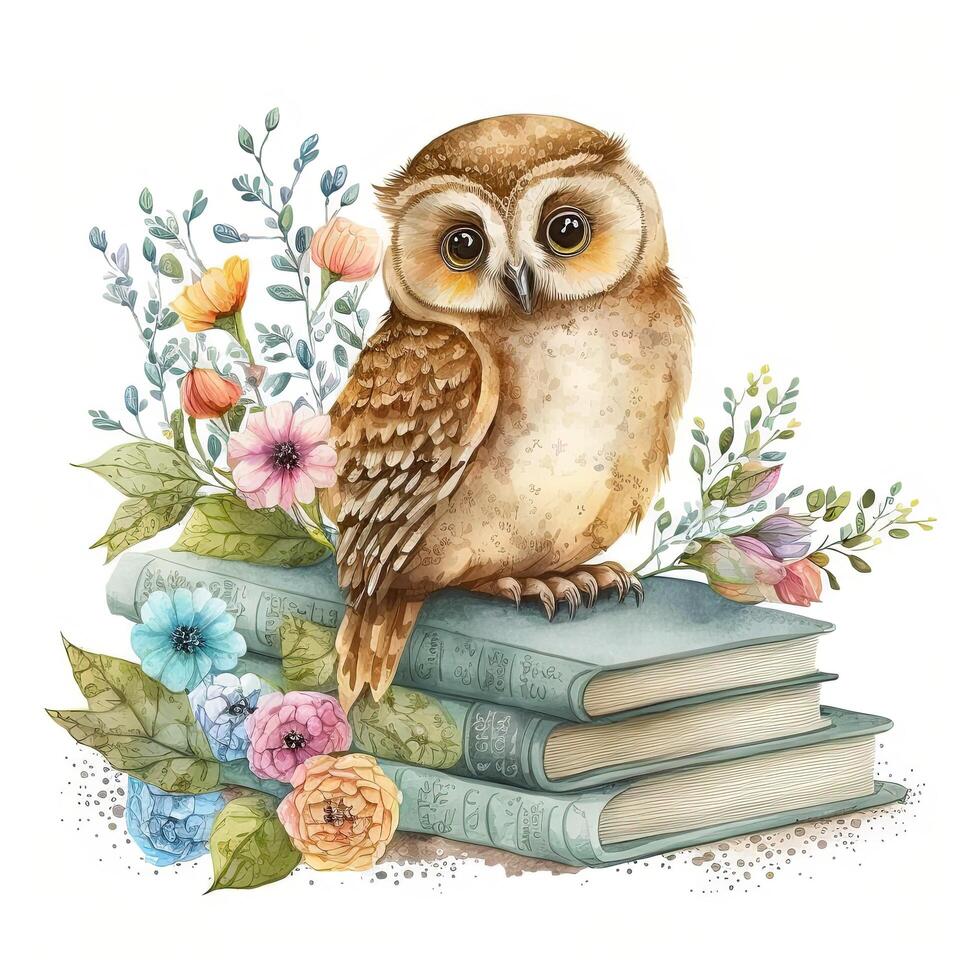 Watercolor Owl with books isolated. Illustration photo