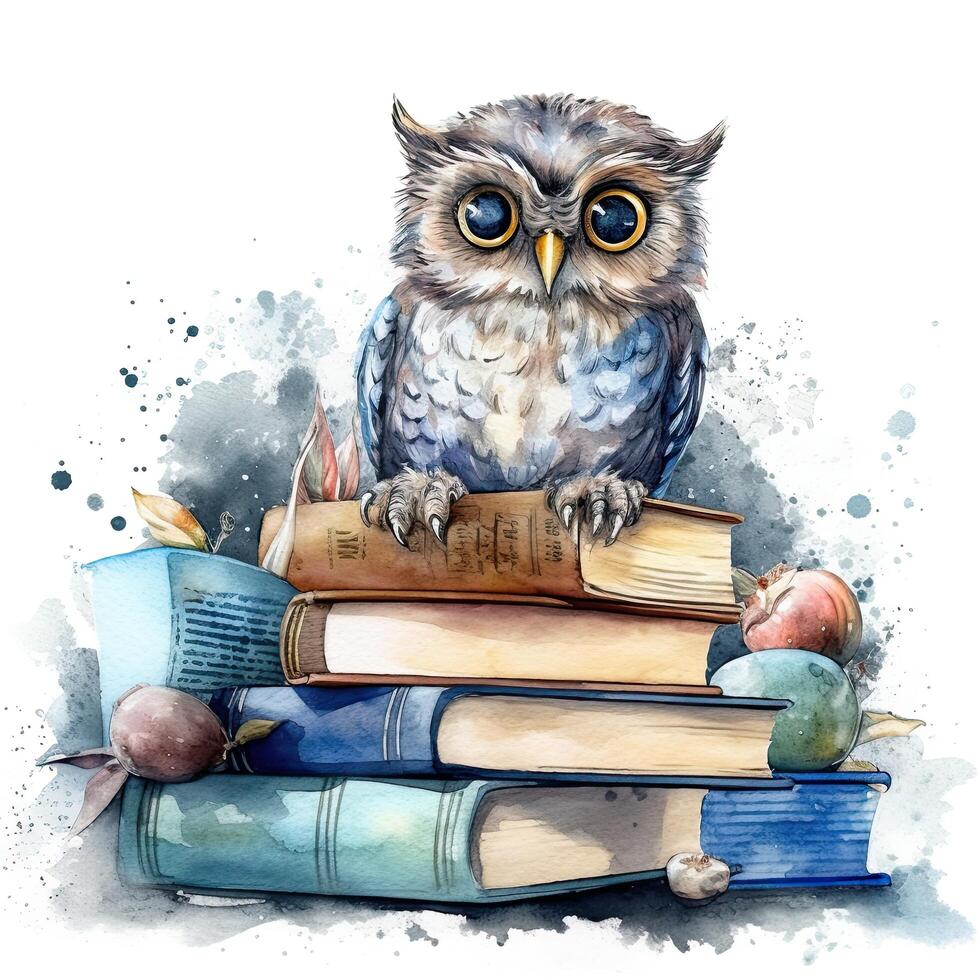 Watercolor Owl with books isolated. Illustration photo