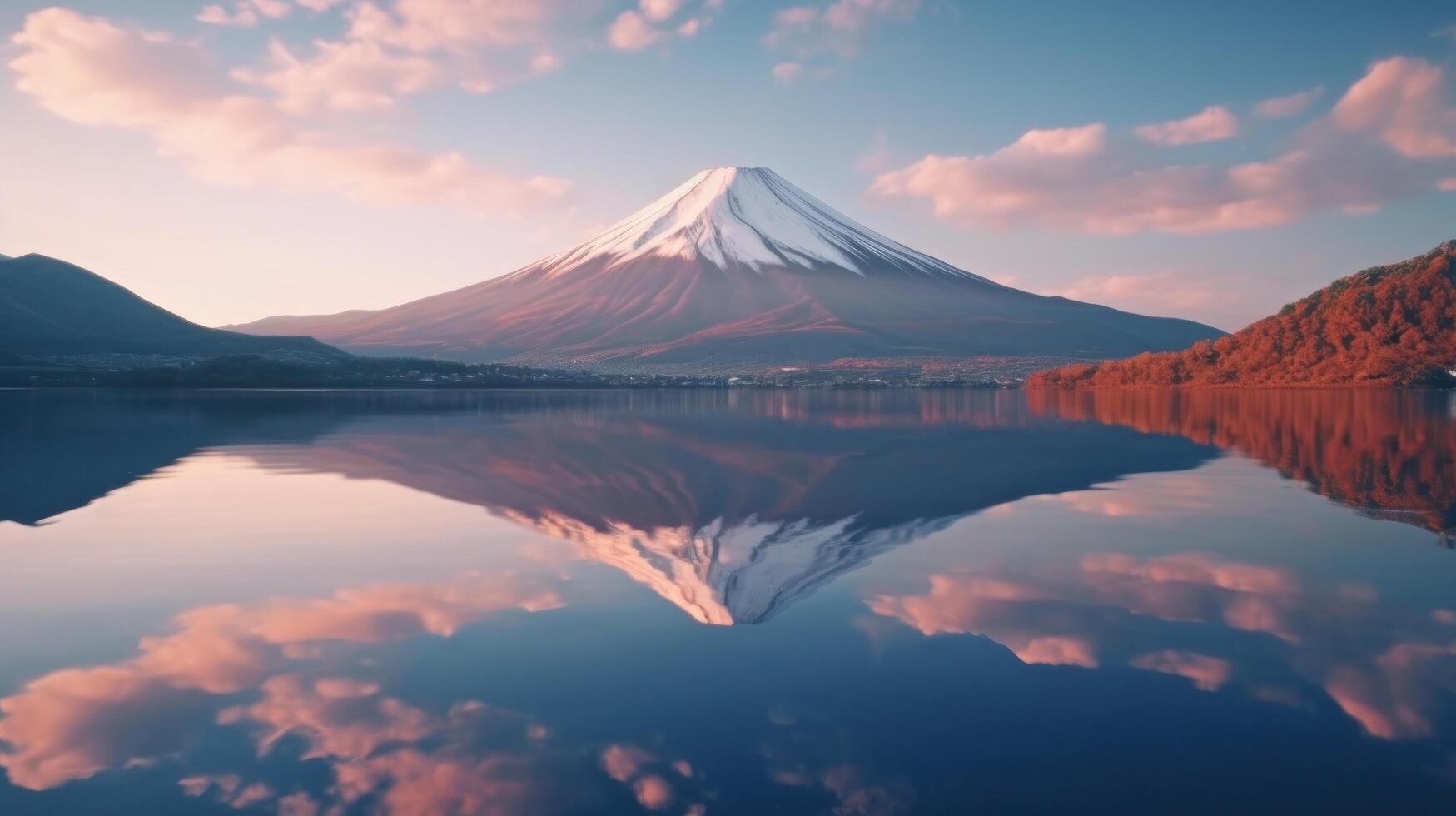 Landscape of mountain Fuji or Fujisan with reflection on Shoji lake Illustration photo