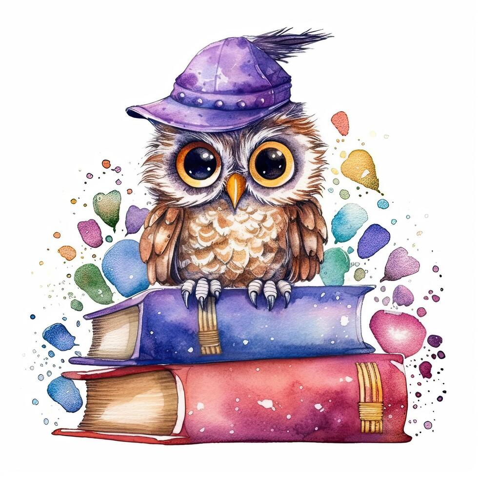 Watercolor Owl with books isolated. Illustration photo