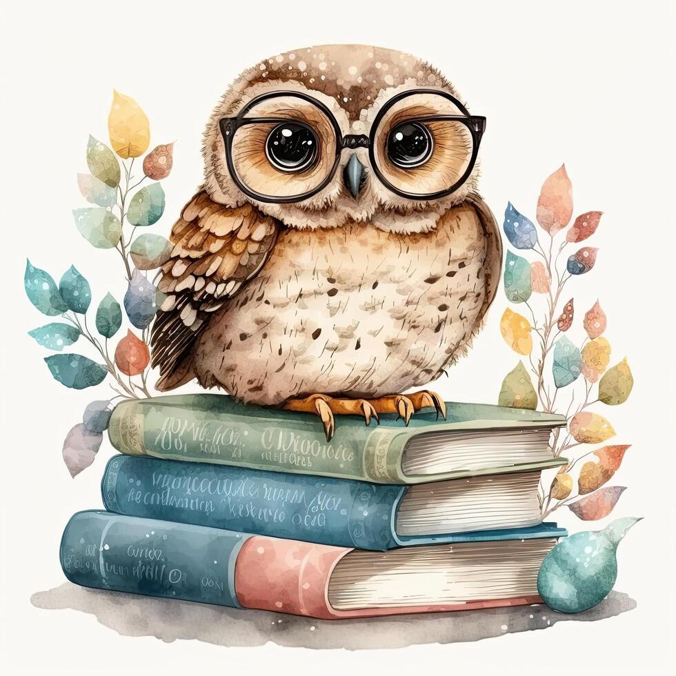 Watercolor Owl with books isolated. Illustration photo