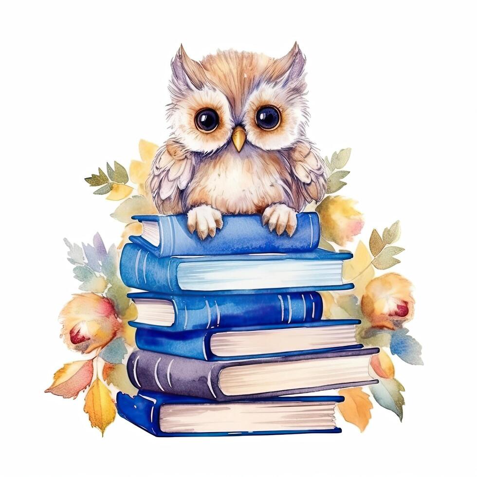 Watercolor Owl with books isolated. Illustration photo