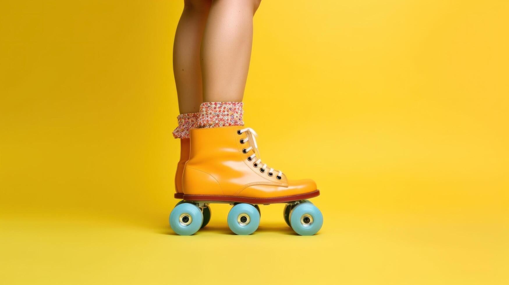 Legs wearing cute sweet with shoelaces four wheeled roller blades Illustration photo