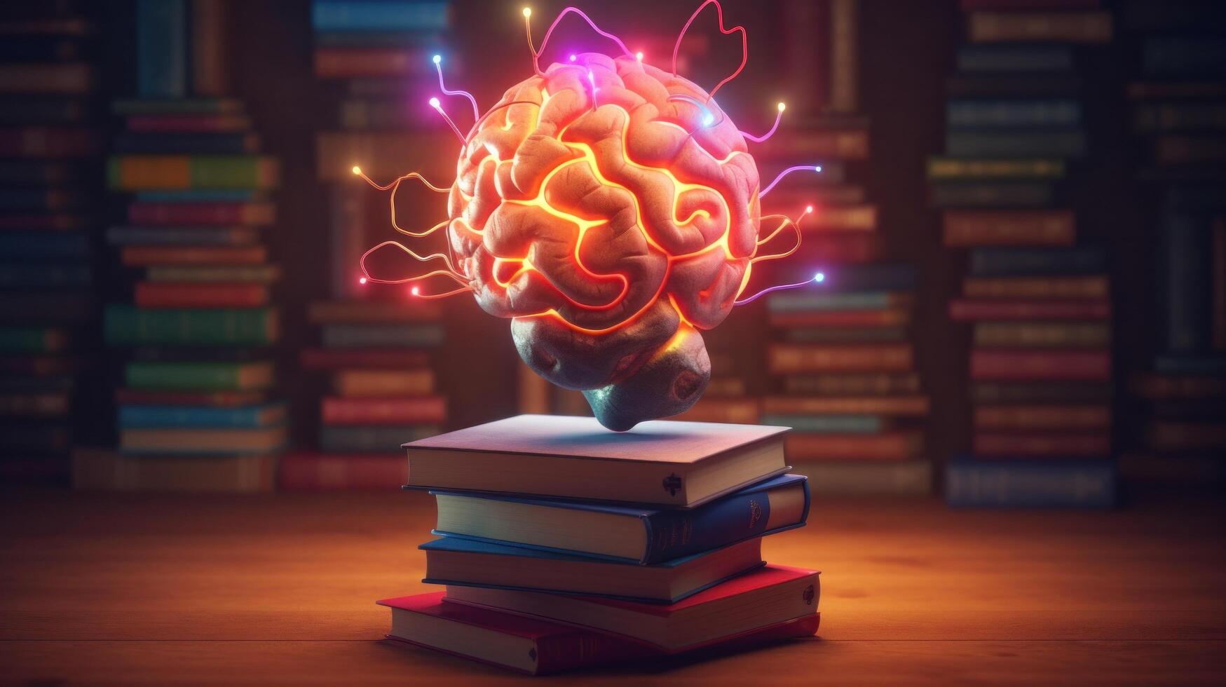 Brain and stack of books. Illustration photo