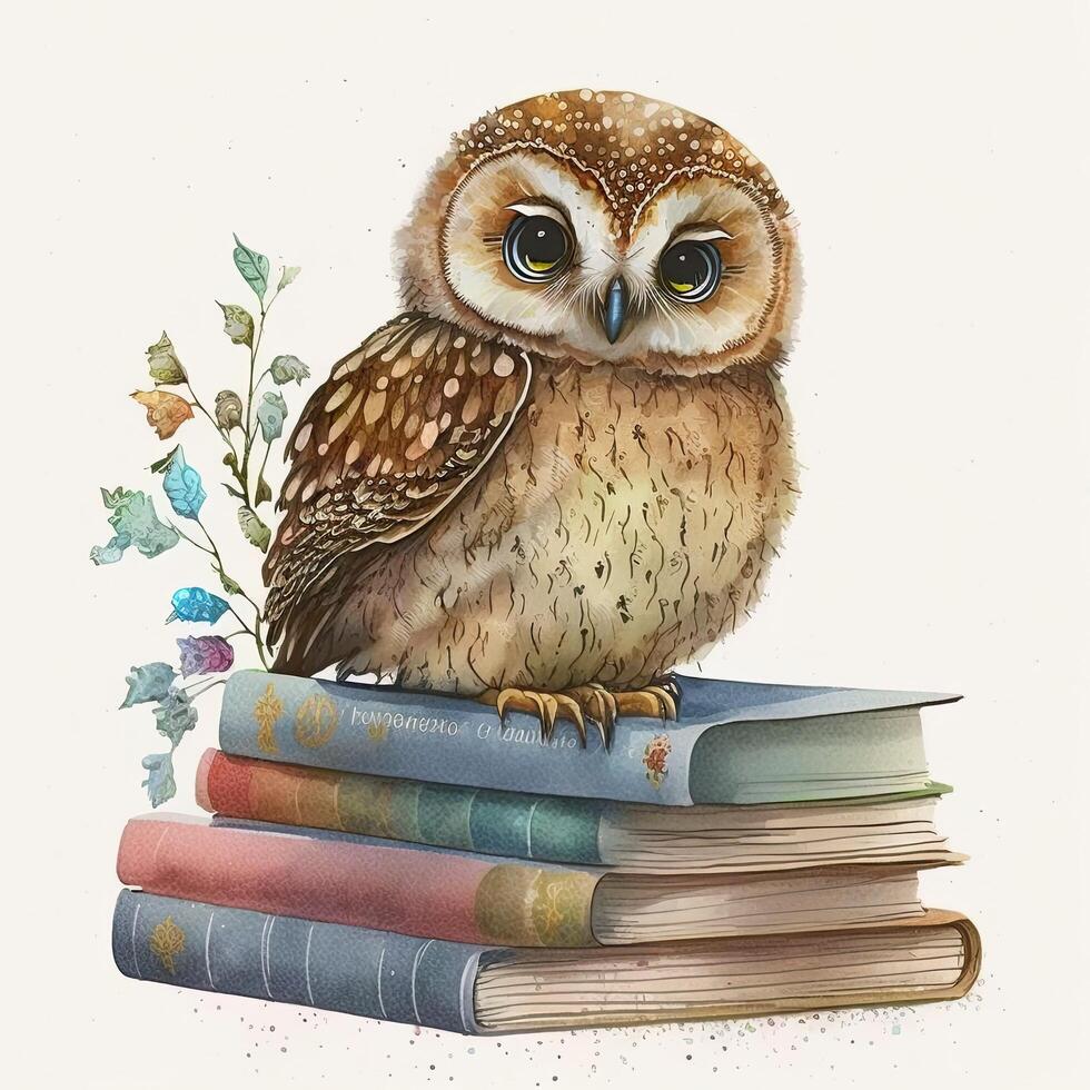 Watercolor Owl with books isolated. Illustration photo