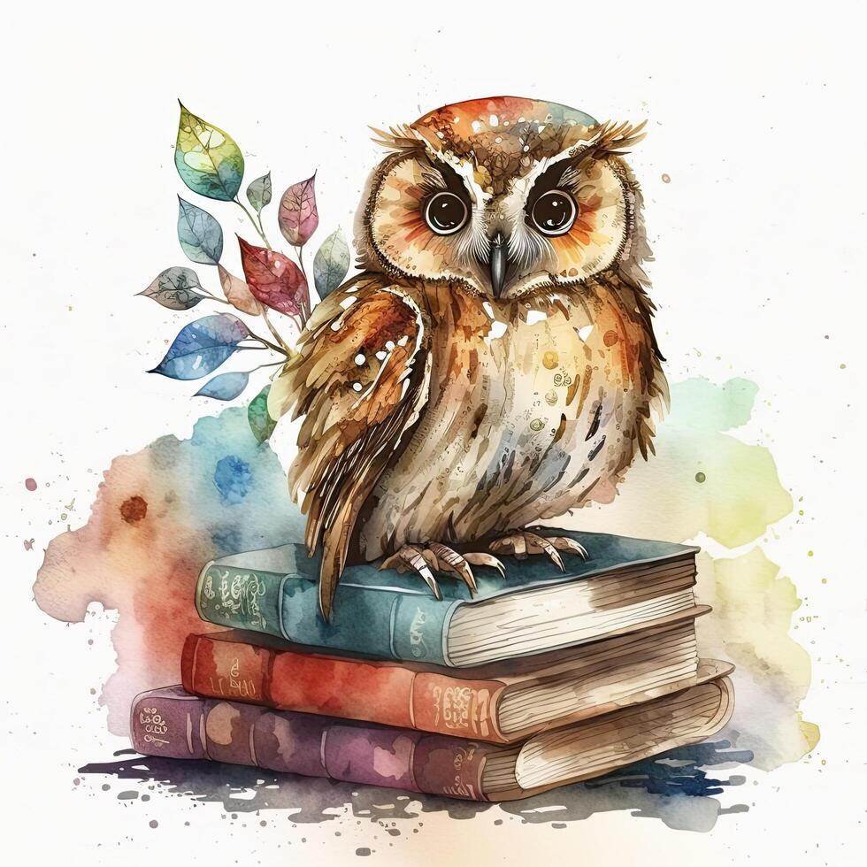 Watercolor Owl with books isolated. Illustration photo