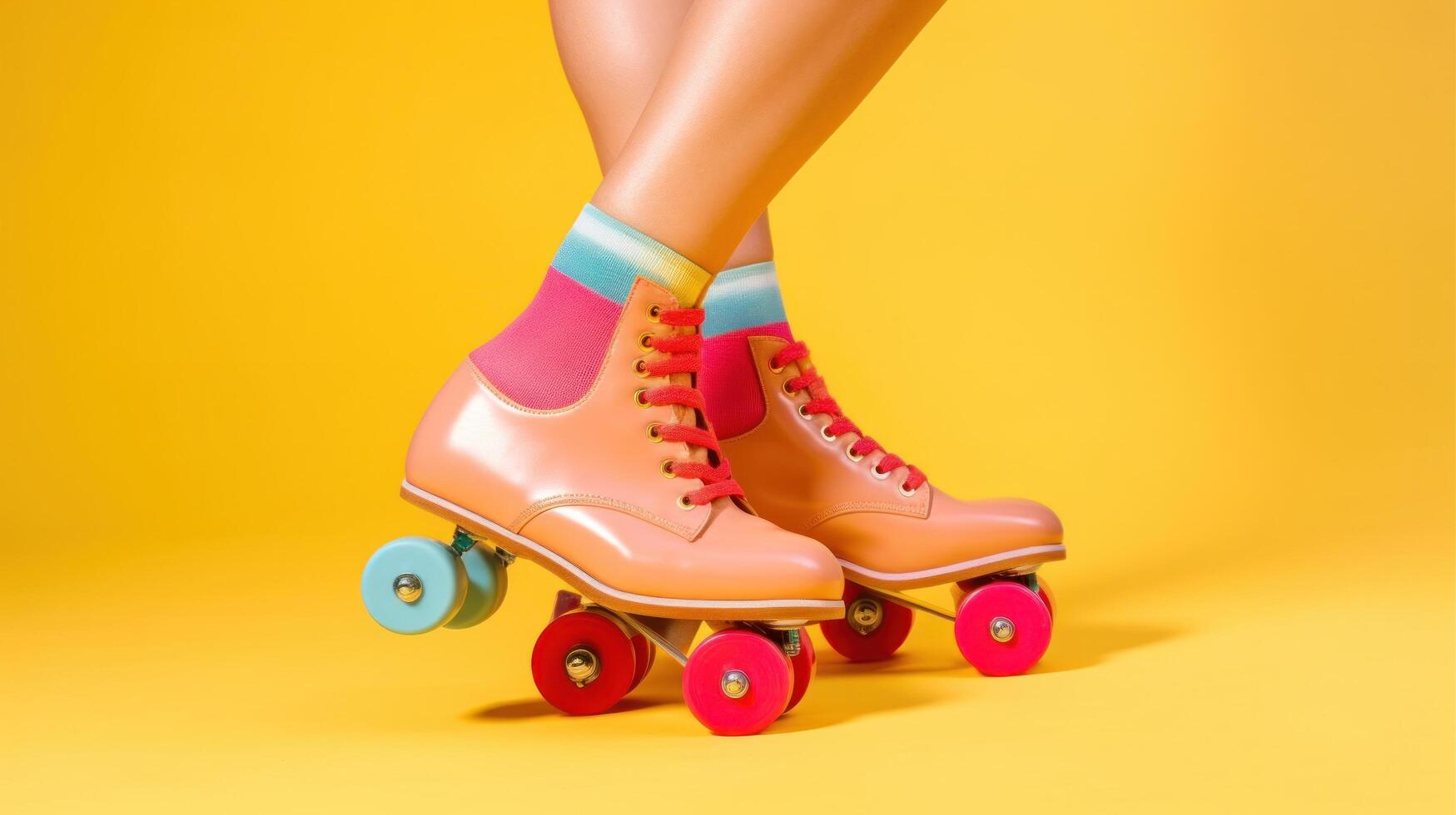 Legs wearing cute sweet with shoelaces four wheeled roller blades Illustration photo