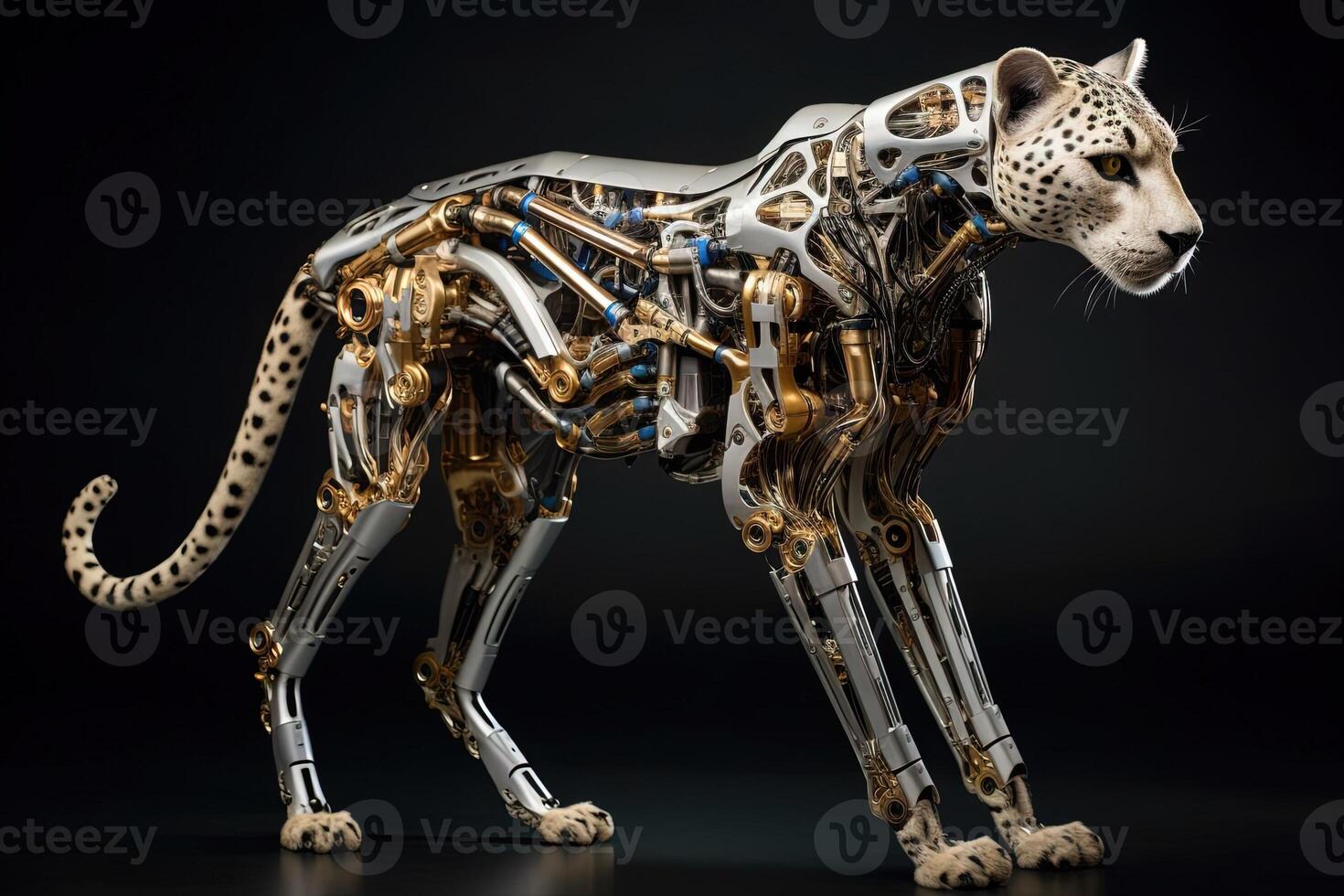 leopardo gato cyborg animal en negro antecedentes ilustración generativo ai foto