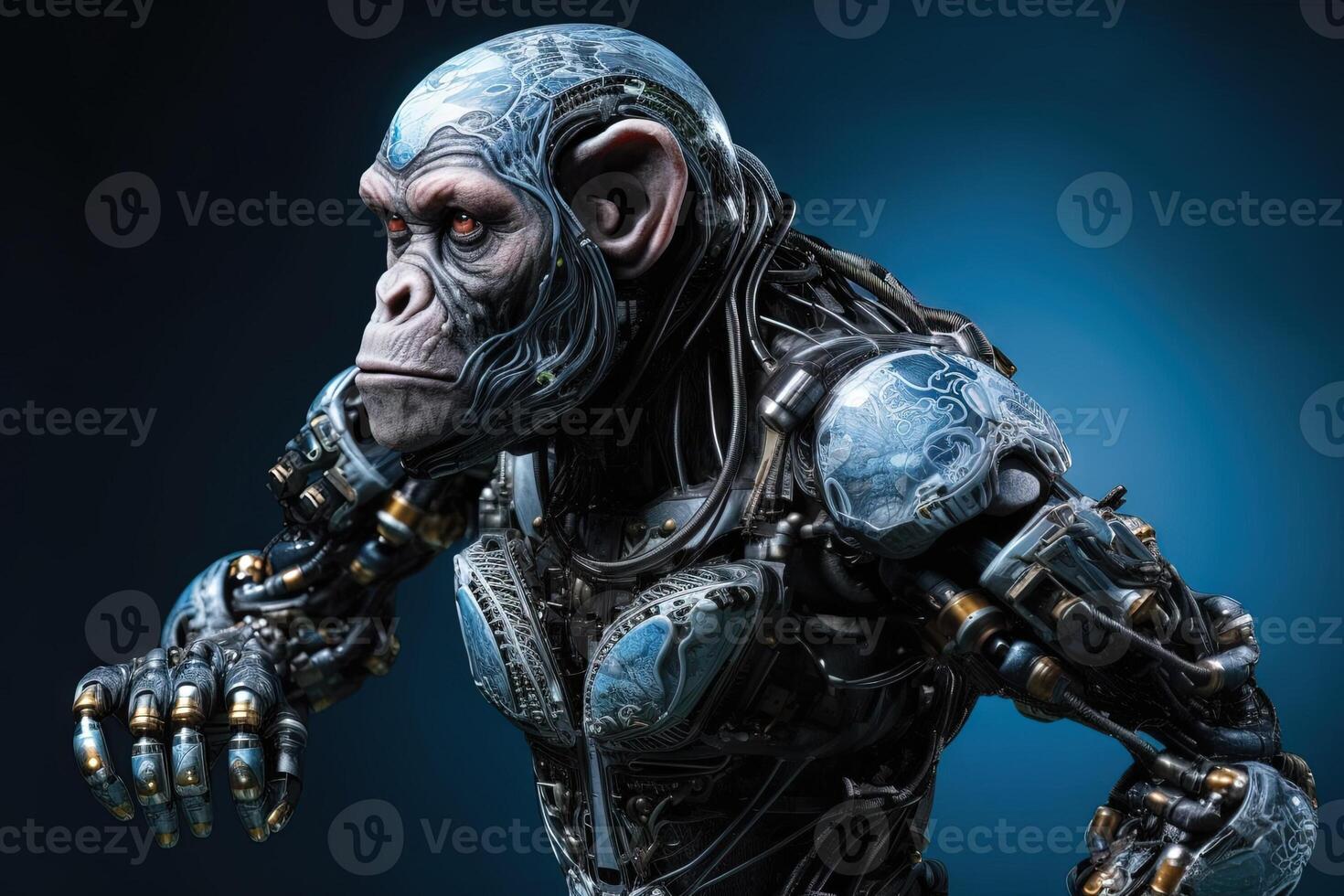 Chimpanzee ape monkey cyborg on black background illustration photo