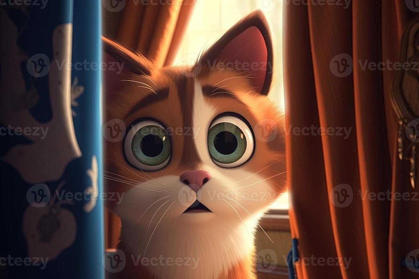 curious calico cat peeks out from behind a curtain illustration photo