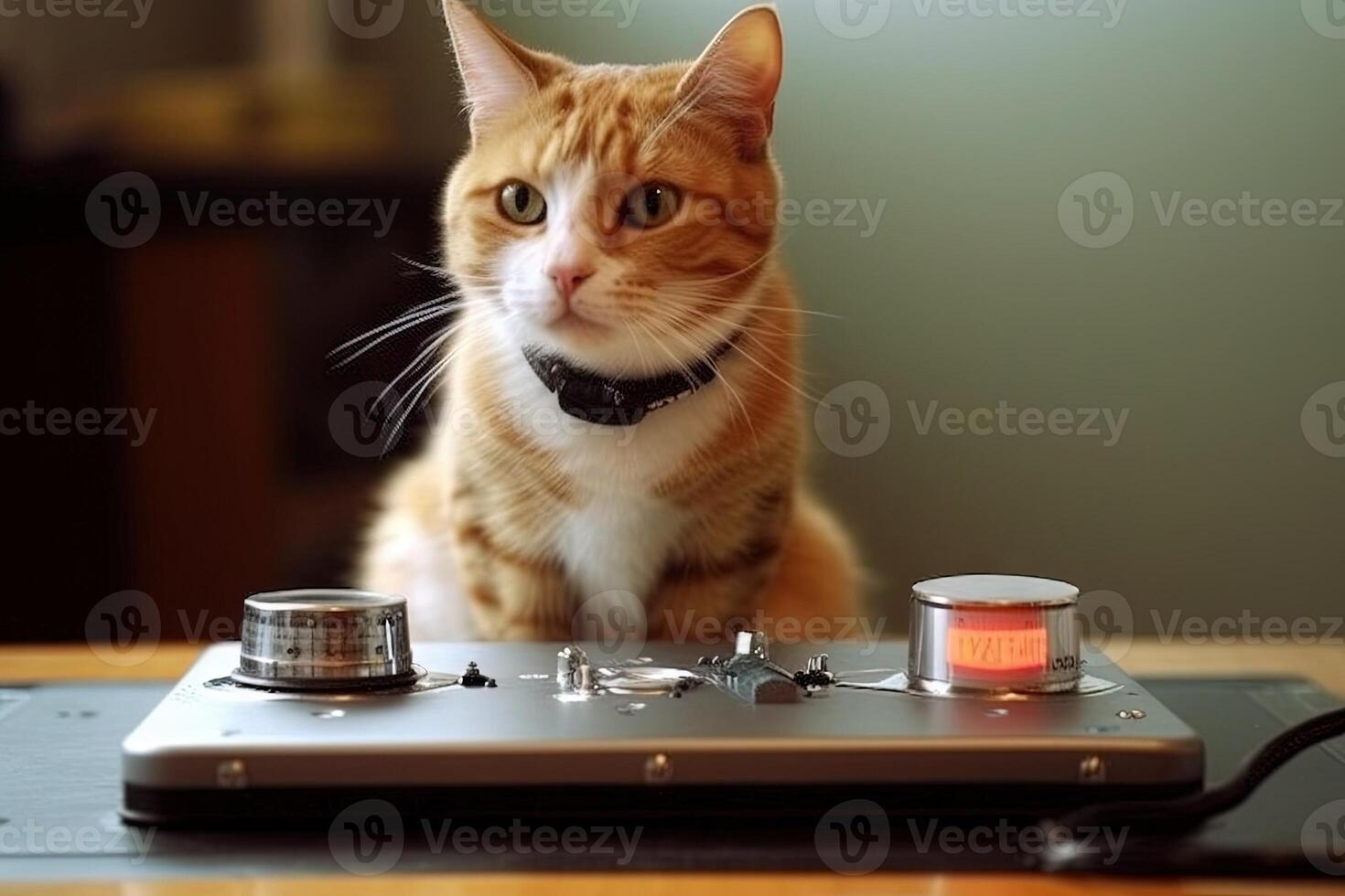 Cat scientist invents a device that allows cats to communicate with humans, leading to a world where cats negotiate treat portions, illustration photo