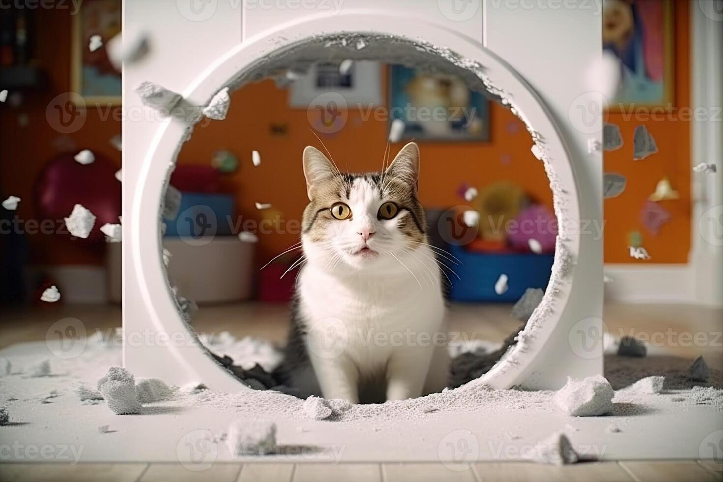 Cat discovers a hidden portal behind the litter box that leads to a parallel universe filled with catnip rivers, flying fish toys, and gravity illustration photo