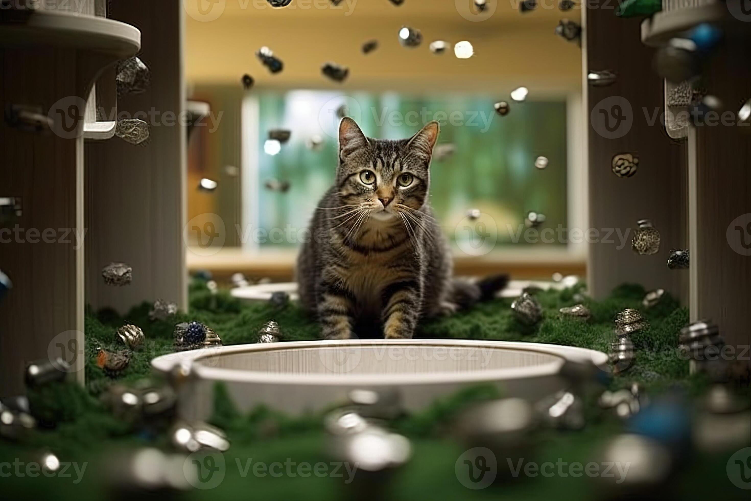 Cat discovers a hidden portal behind the litter box that leads to a parallel universe filled with catnip rivers flying fish toys and gravity illustration 24308416 Stock Photo at Vecteezy