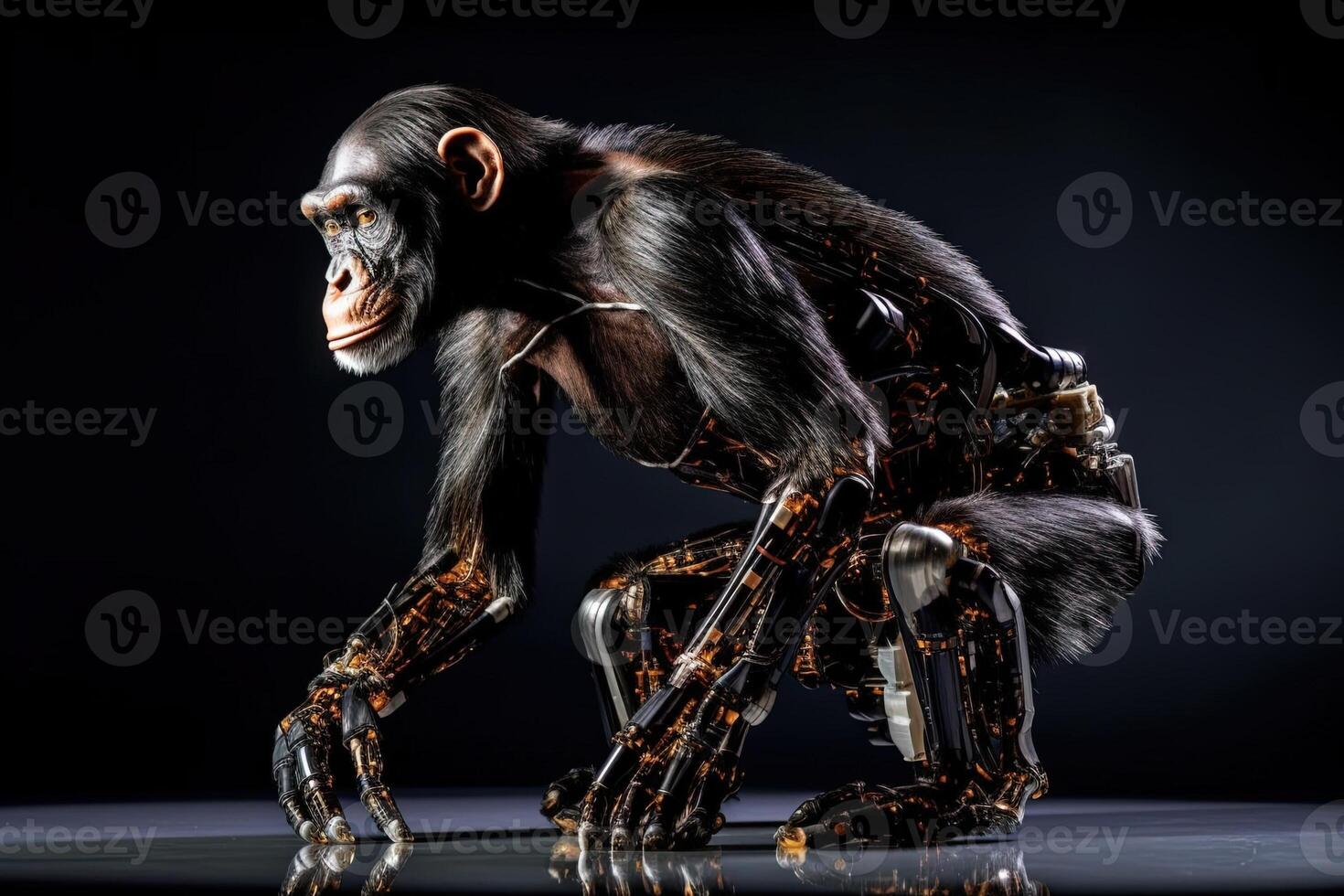 Chimpanzee ape monkey cyborg on black background illustration photo