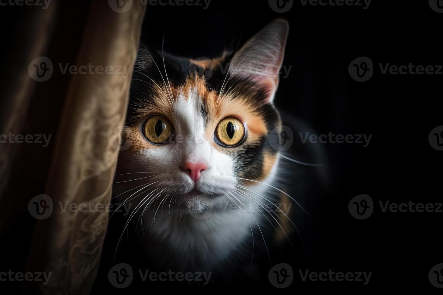 curioso calicó gato asoma fuera desde detrás un cortina ilustración generativo ai foto