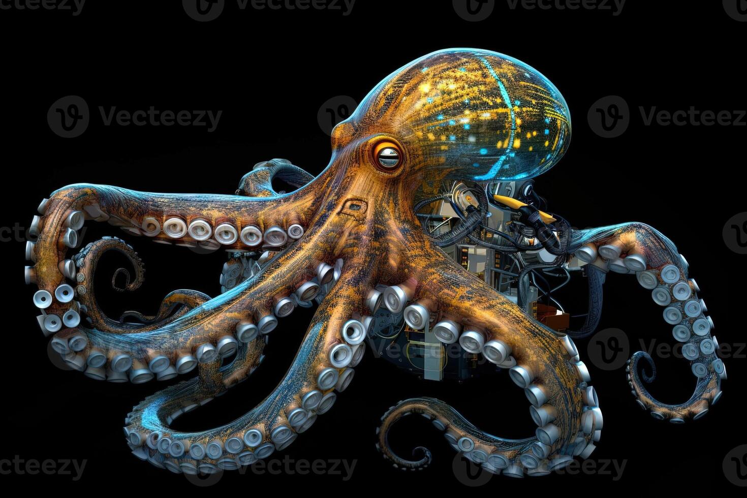 octopus cyborg animal isolated on black background illustration photo