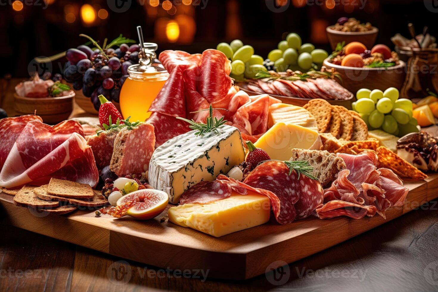 gourmet food Charcuterie board, showcasing a variety of delicious artisanal cheeses, cured meats, fresh fruits, and bread illustration photo