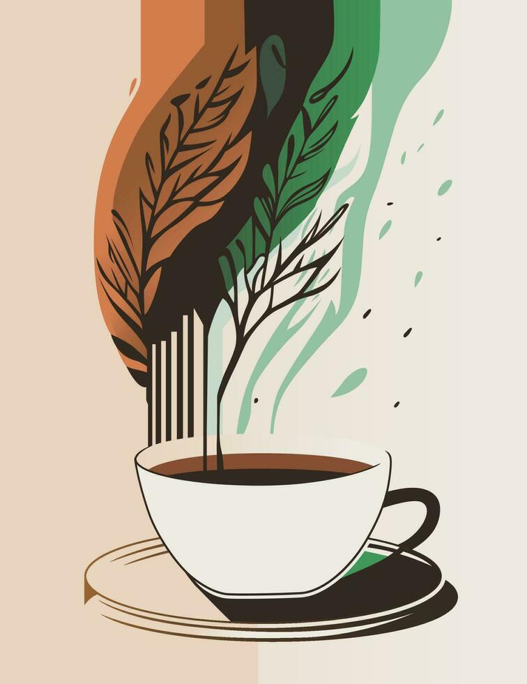 Illustration of a cup of hot coffee with steam in the shape of a leaf vector