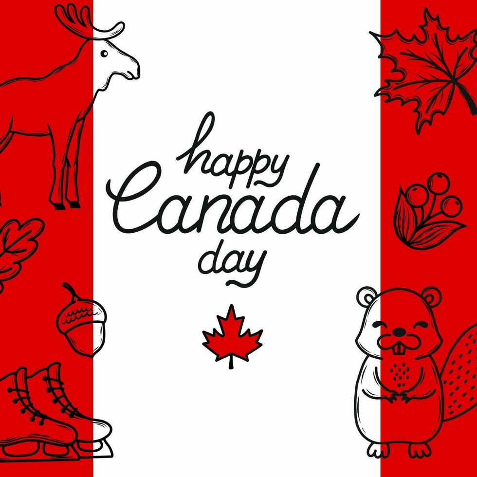 contento Canadá día. festivo bandera con garabatear elementos. vector