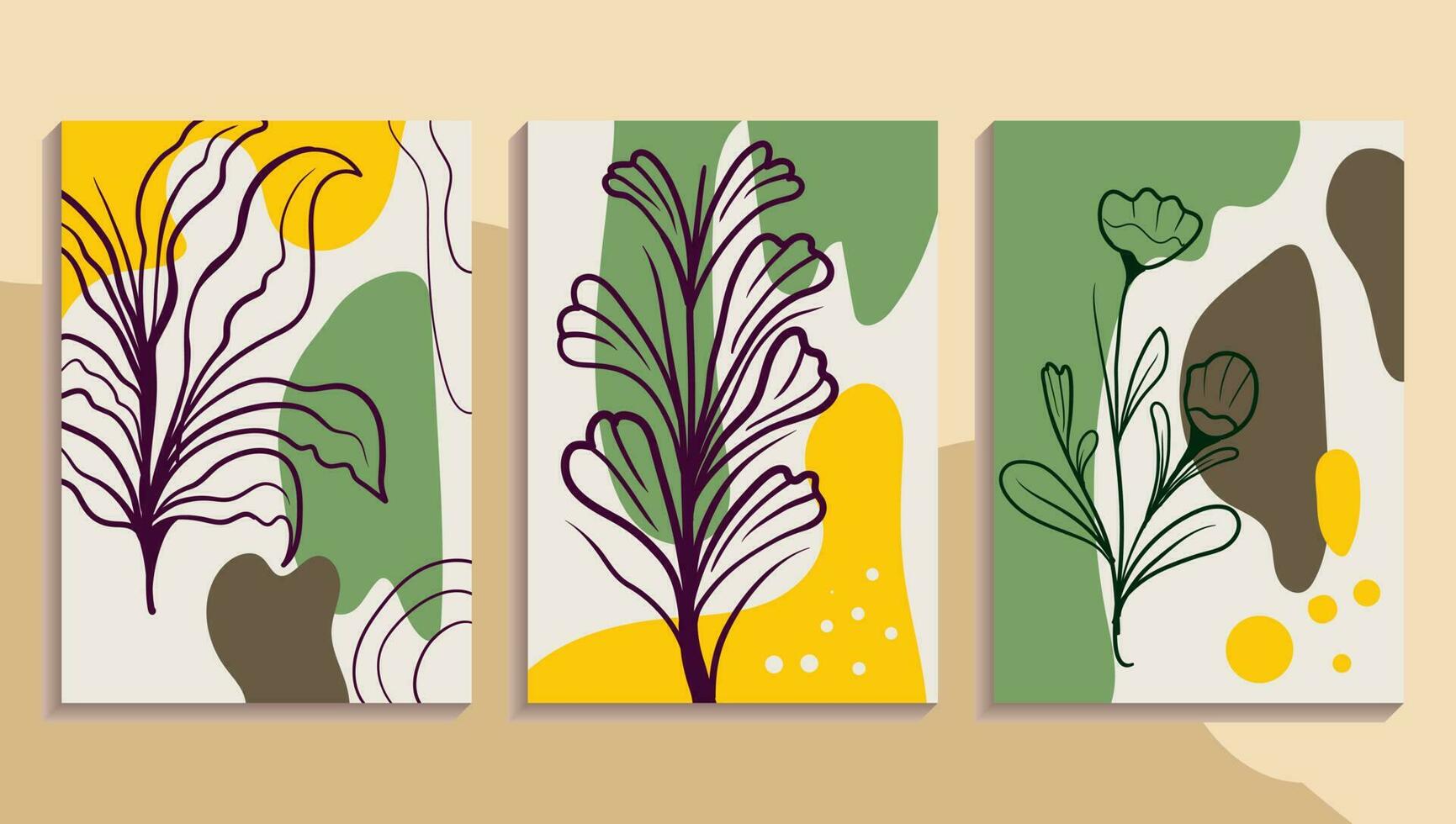 Set of Abstract Modern Art Backgrounds Abstract minimalist floral backgrounds. Boho posters contemporary mid century aesthetic. vector