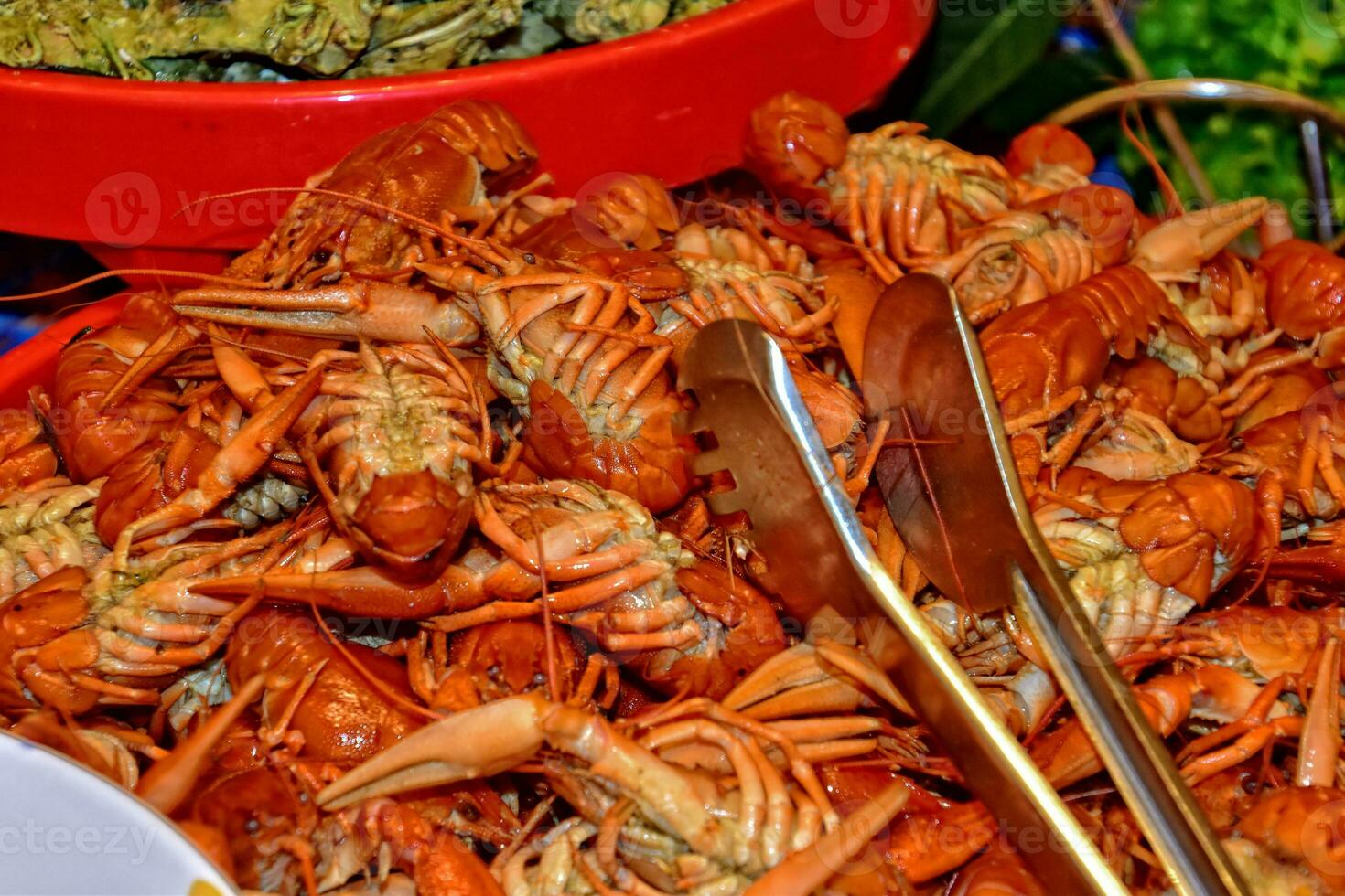 tasty fresh seafood on display in a shop or restaurant ready to eat photo