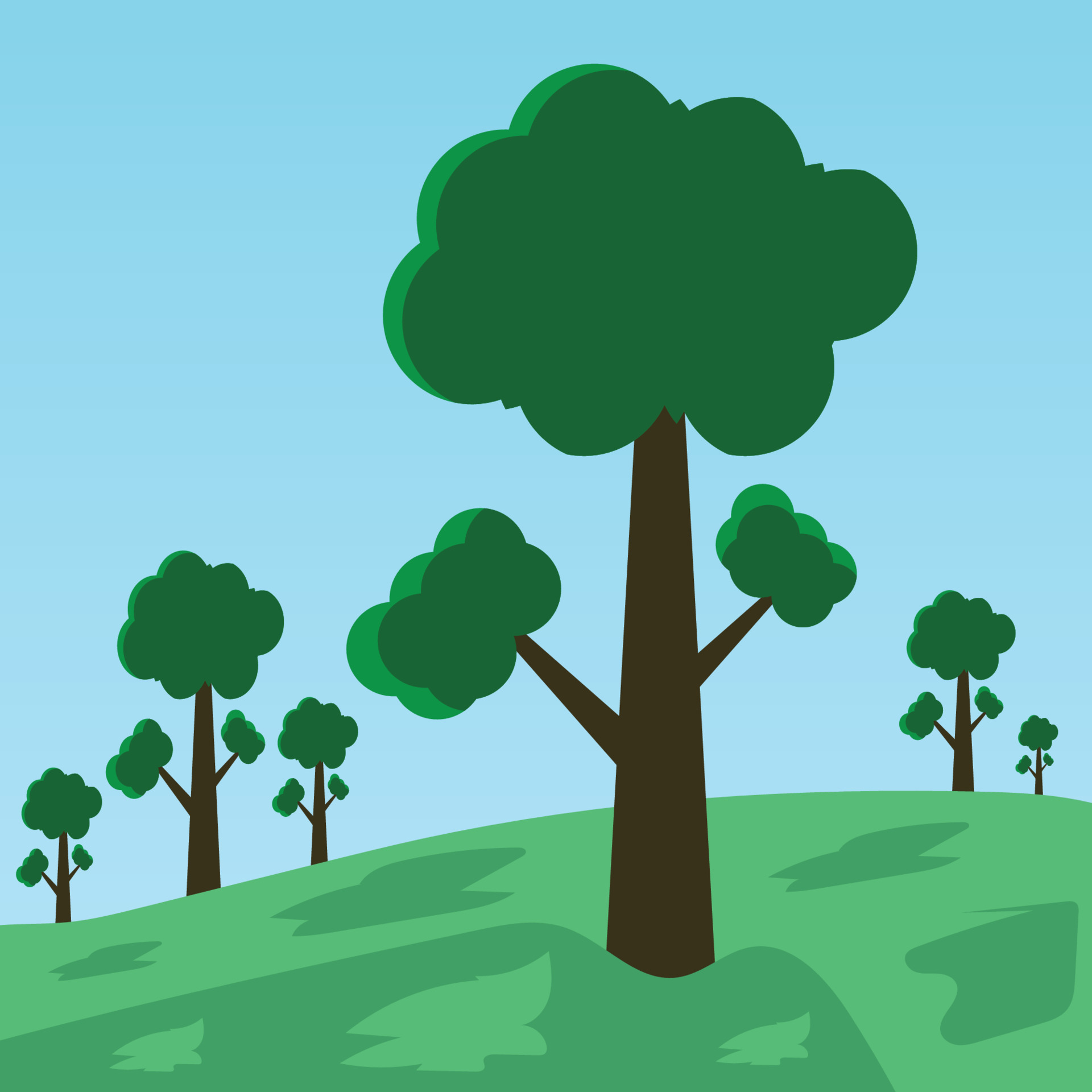 A cartoon drawing of trees on a hill with a blue sky in the background