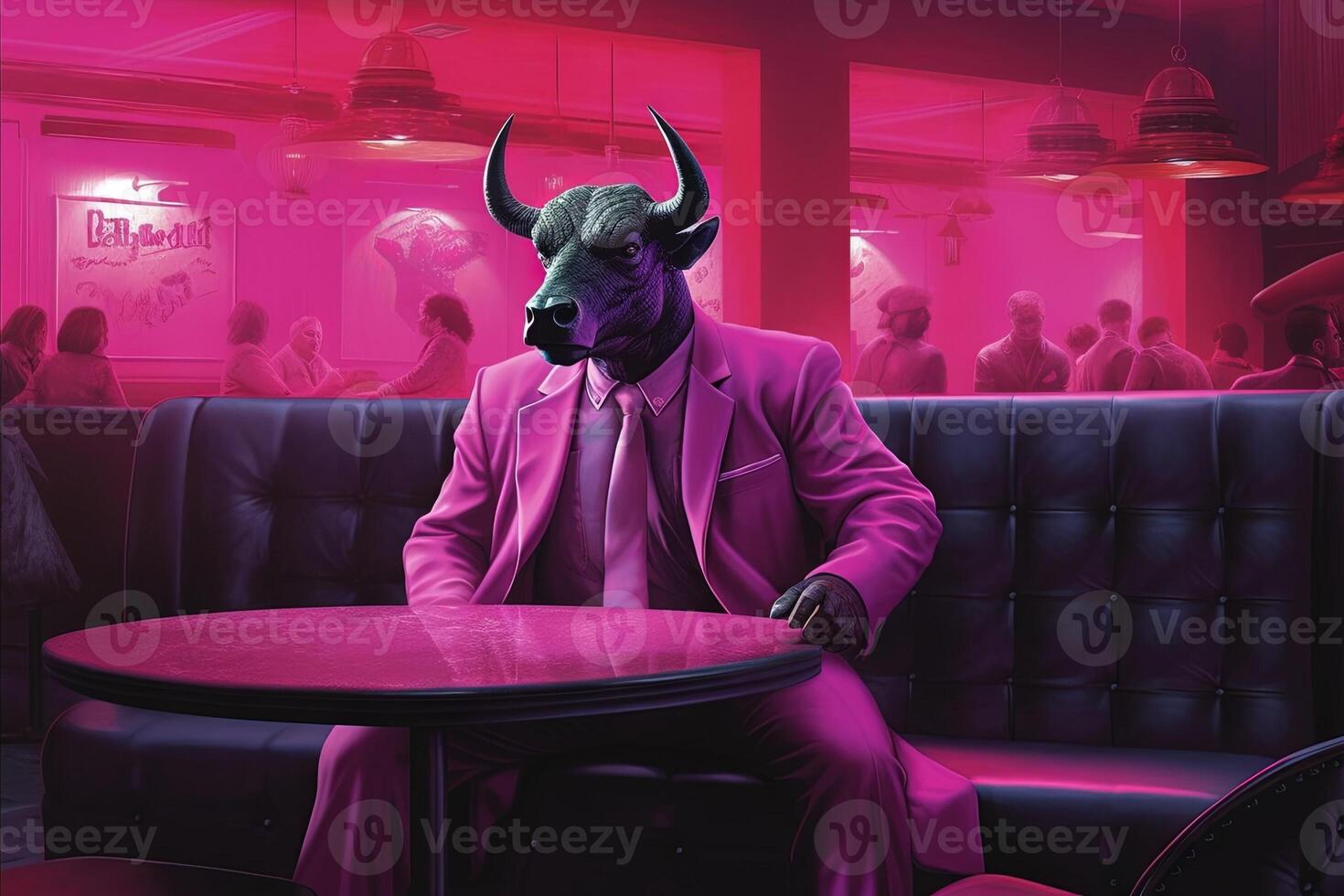 bull pink gangster in neon bar illustration photo