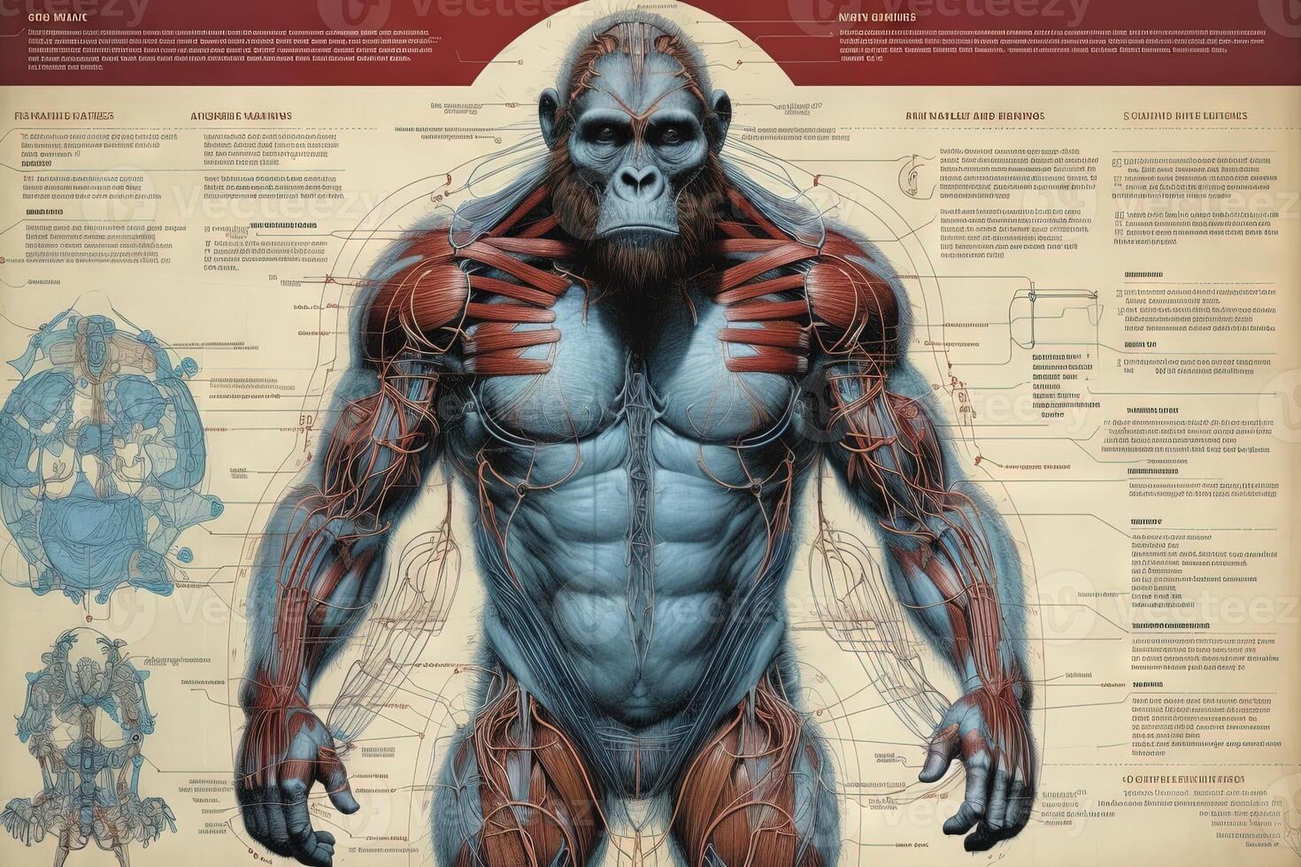 Gorilla ape monkey cyborg animal detailed infographic, full details anatomy poster diagram illustration photo