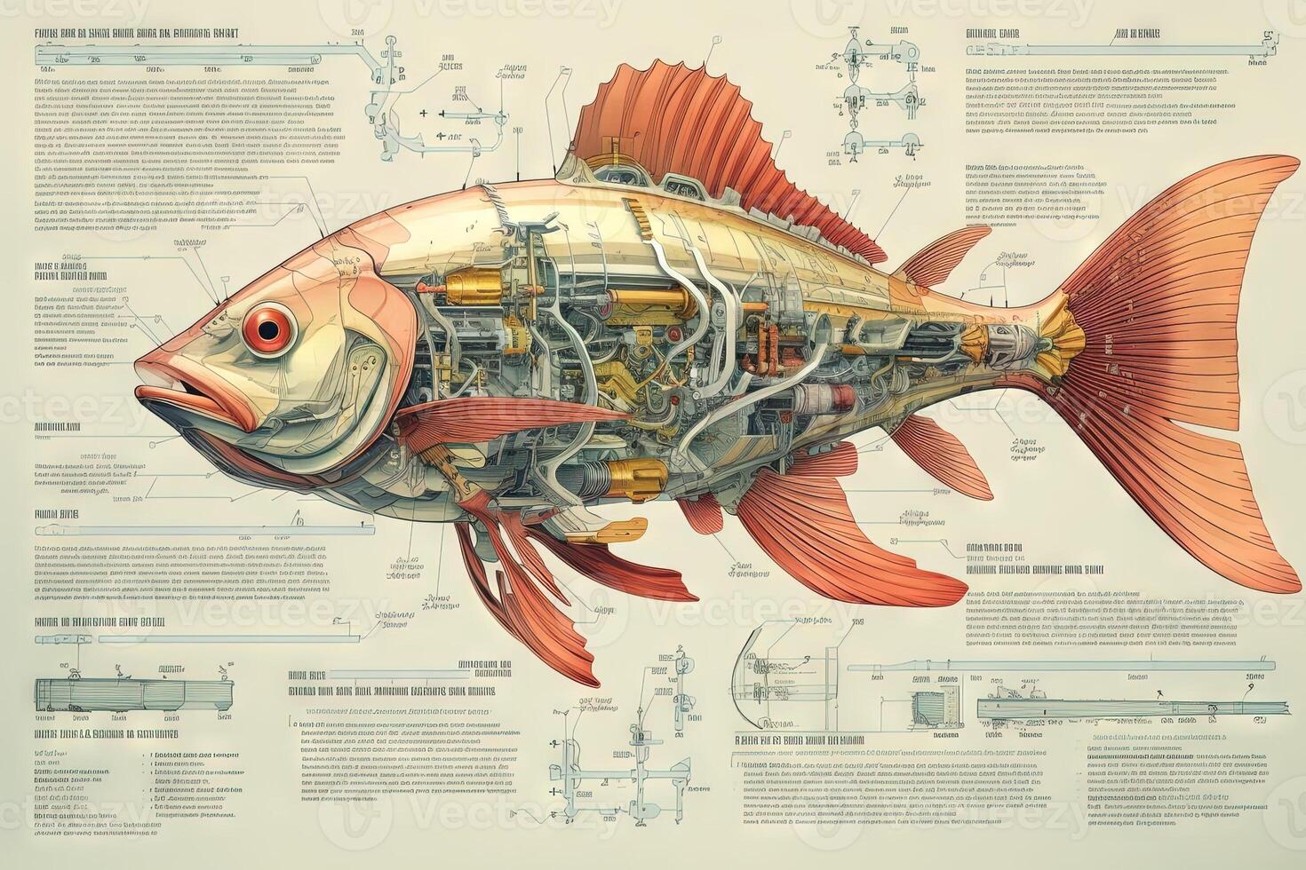 Gold fish cyborg animal detailed infographic, full details anatomy poster diagram illustration photo