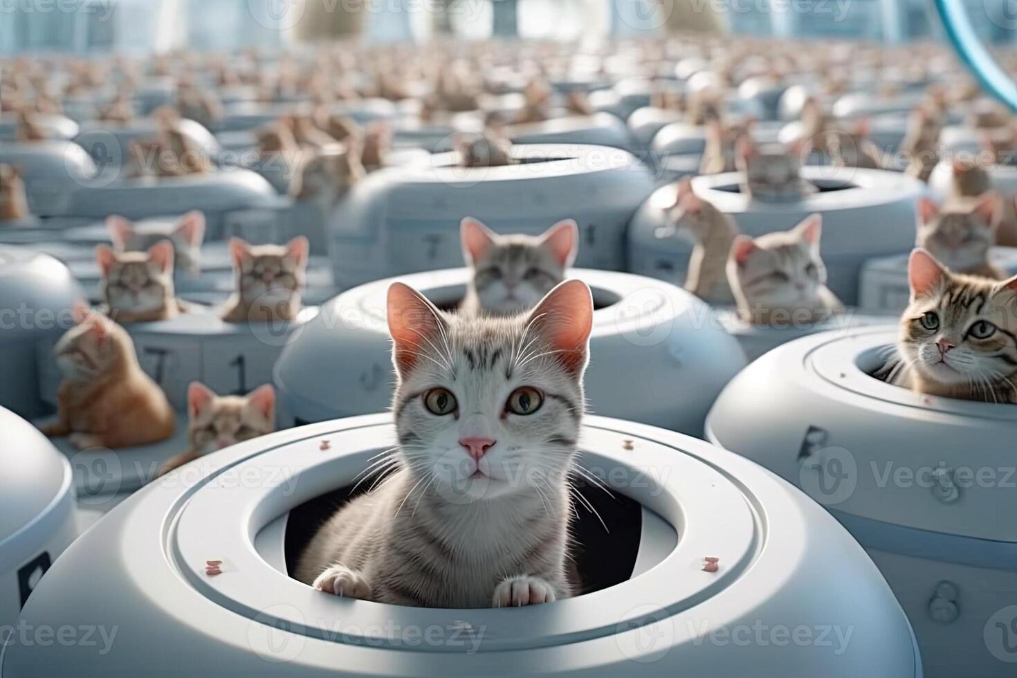 Group of cats in front of a lot of balls of yarn inside high - tech laboratory illustration photo