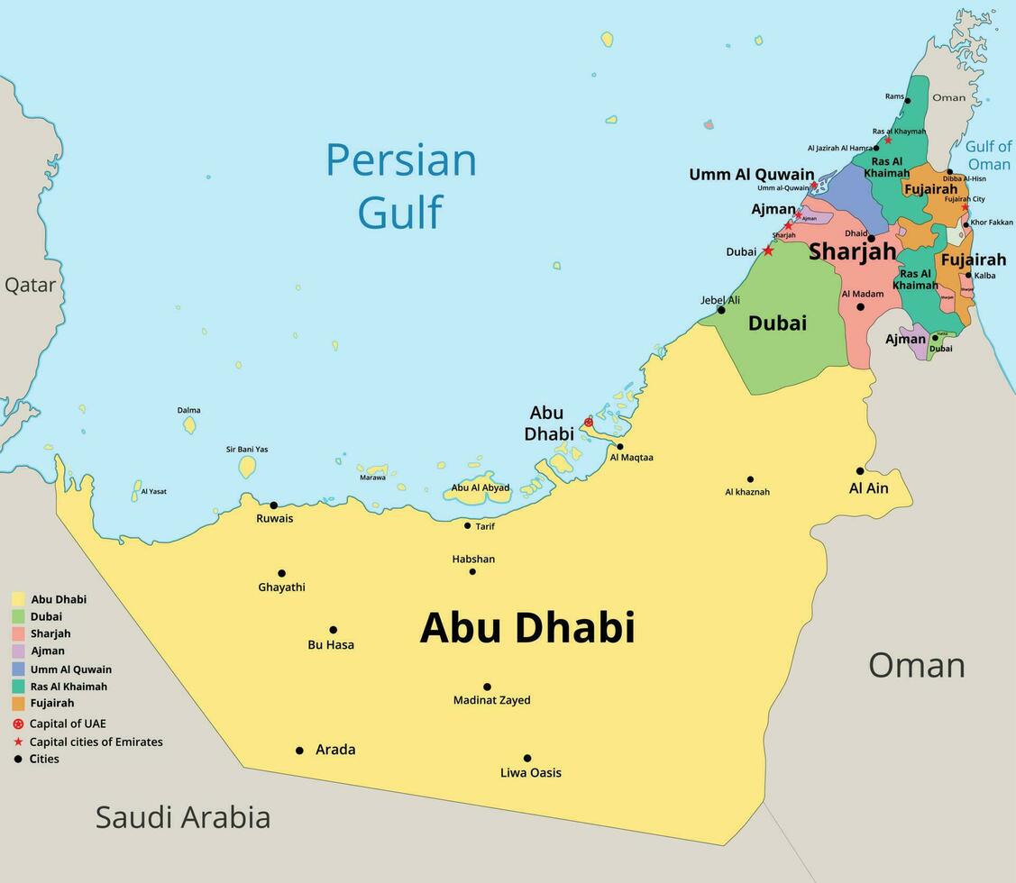 UAE map flat vector with high details. United Arab Emirates political map with labeling. UAE administrative map, 7 Emirates and capital cities also.