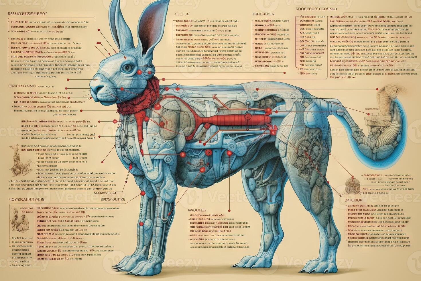 Rabbit cyborg animal detailed infographic, full details anatomy poster diagram illustration photo