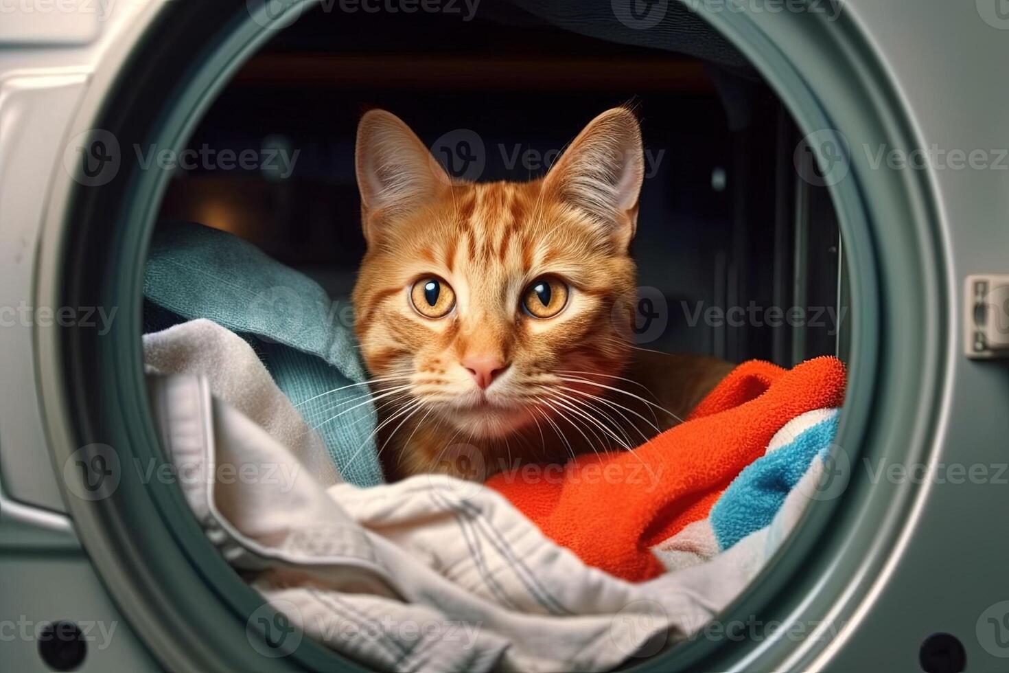 A Cat feline detective named Whiskers Paws investigates a case of disappearing socks, in the laundry room illustration photo