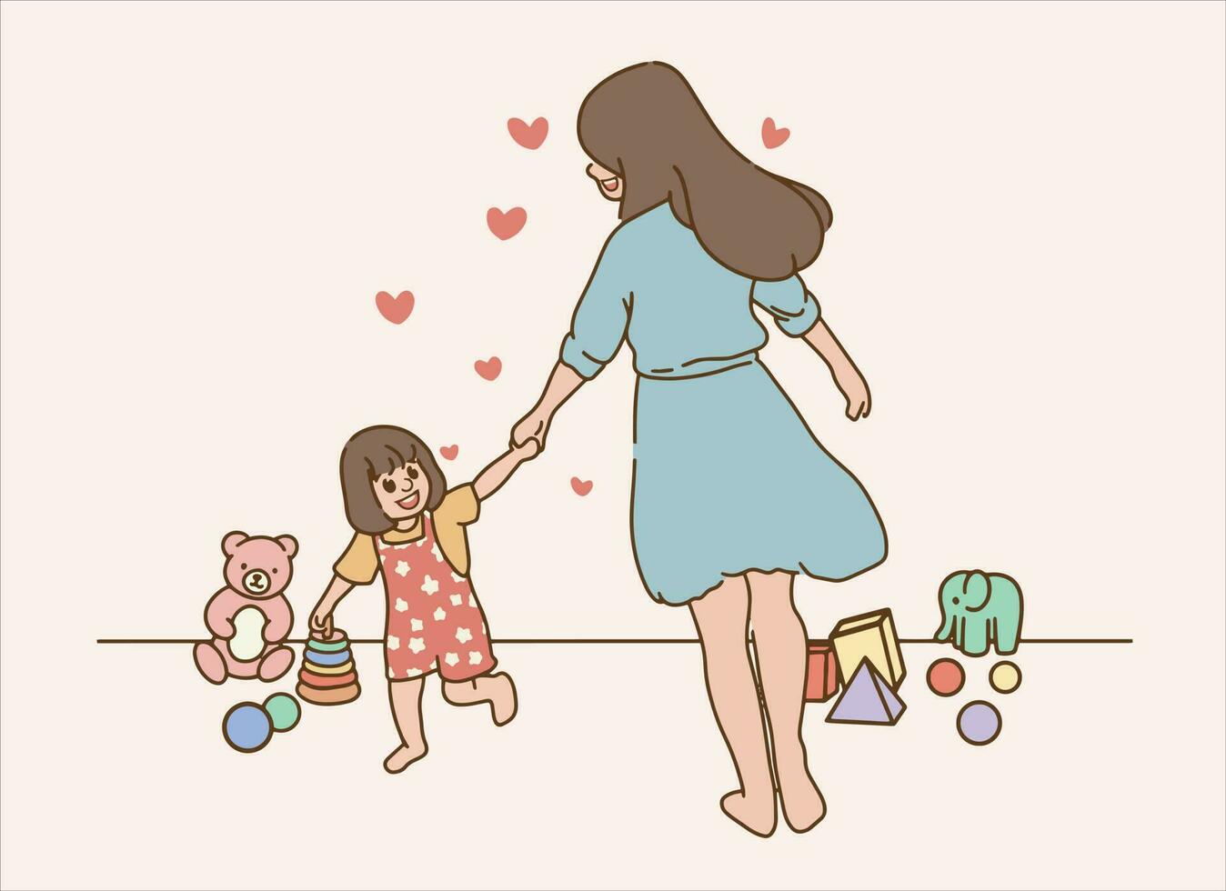 joven contento madre y hija disfrutar calidad hora juntos en un habitación lleno de juguetes vector ilustración