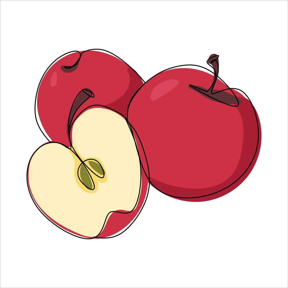 Vector apple drawing of one continuous line. Color illustration of apple in the style of one line art