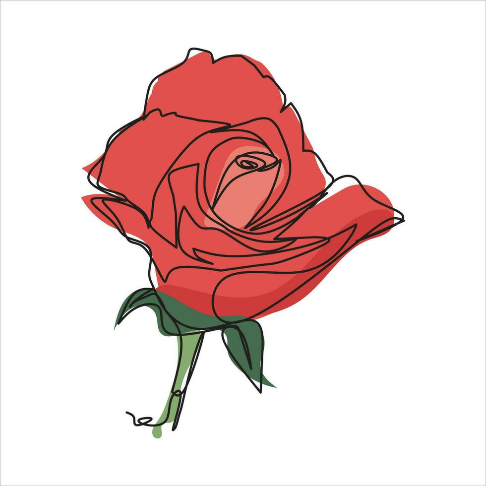 Vector red rose drawing of one continuous line. Color illustration of flowers in the style of one line art
