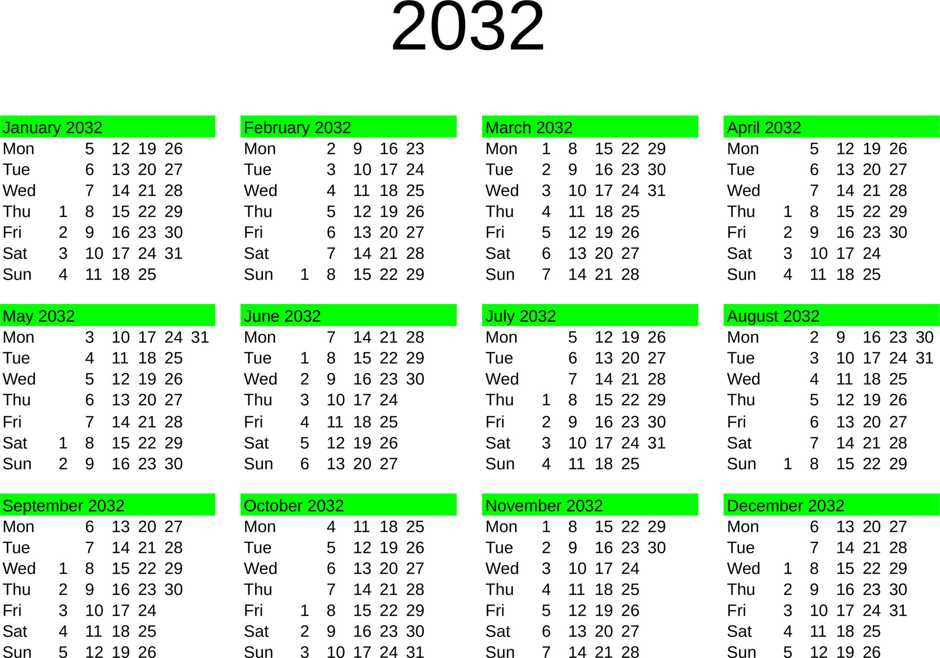 year 2032 calendar in English 24310384 Vector Art at Vecteezy