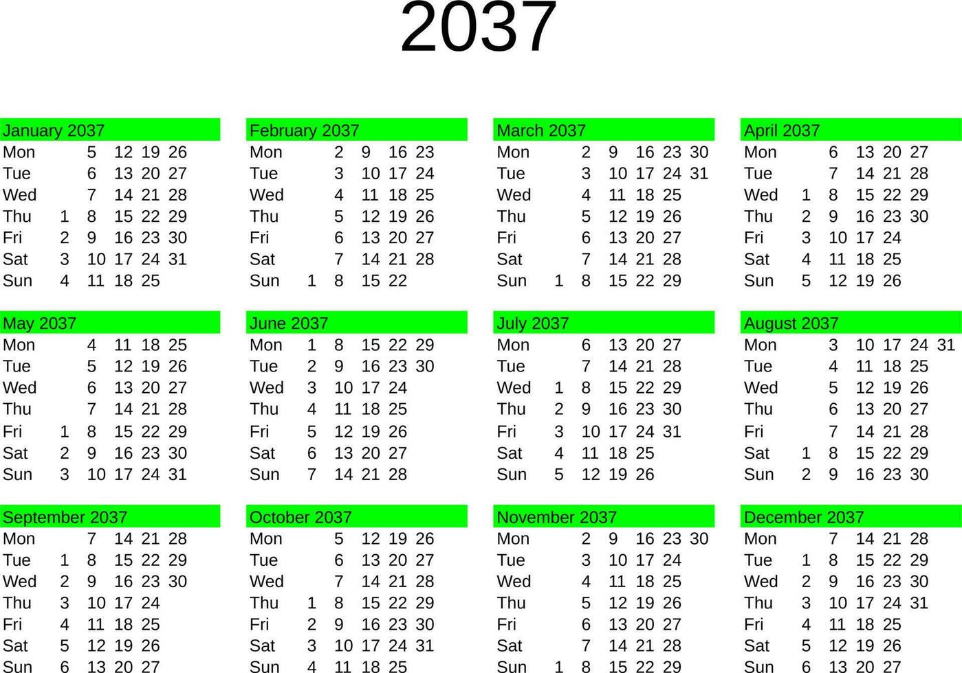 year 2037 calendar in English vector