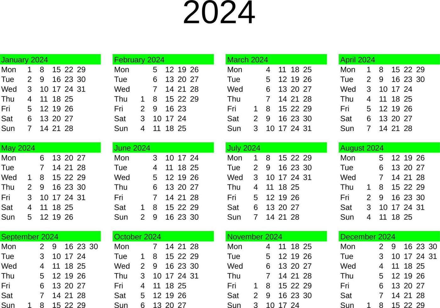 year 2024 calendar in English 24310392 Vector Art at Vecteezy