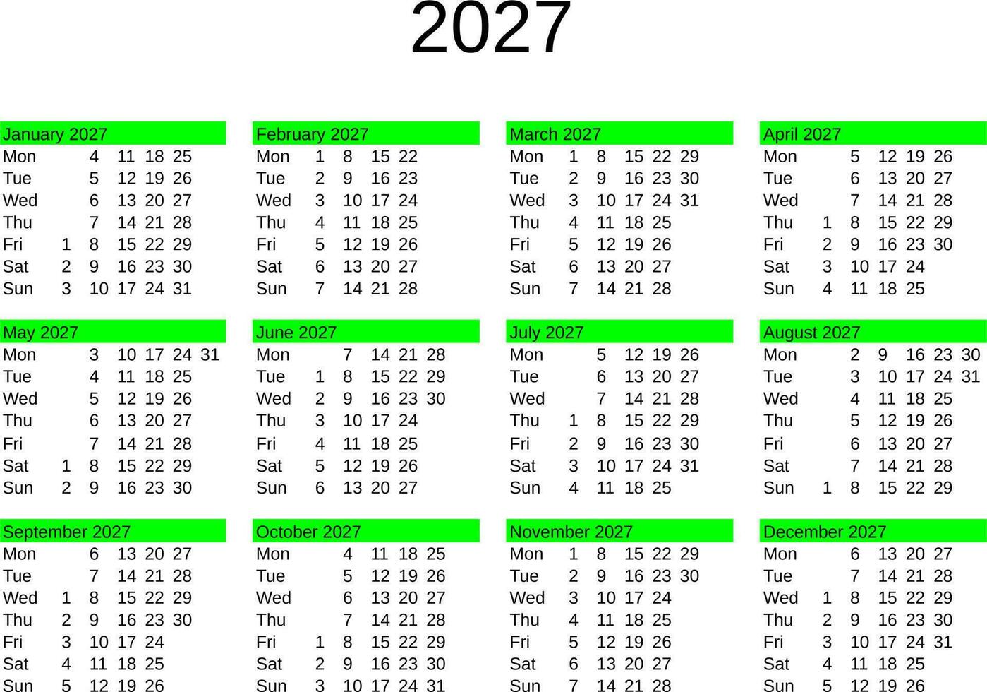 year 2027 calendar in English 24310417 Vector Art at Vecteezy