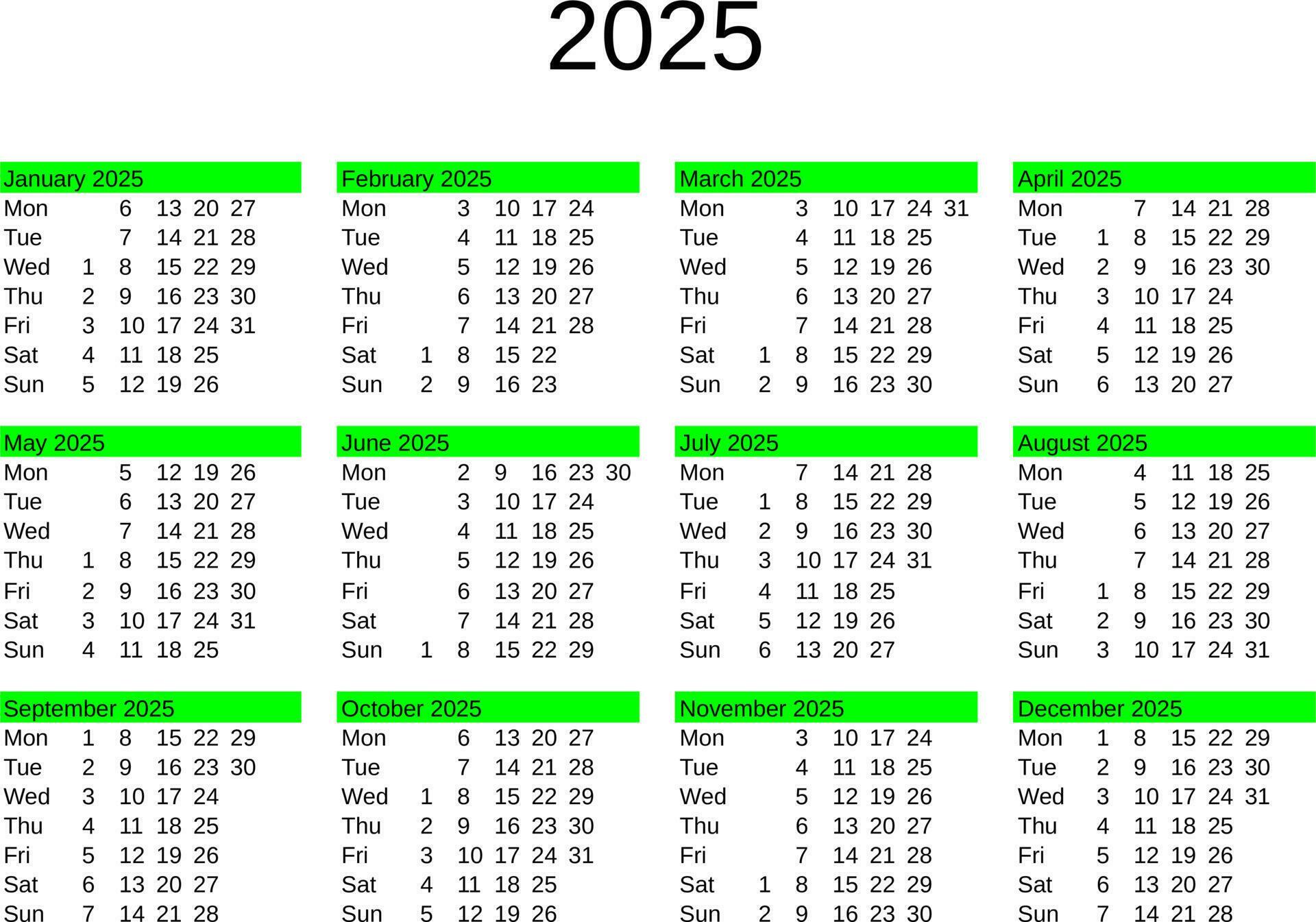 year 2025 calendar in English 24310429 Vector Art at Vecteezy