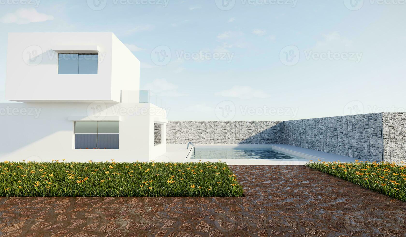 3d rendering exterior modern house in minimal architecture style with sunlight. photo