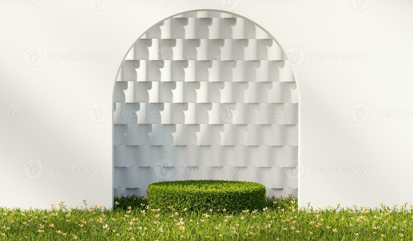 3D rendering platform podium with grass plant product presentation background photo