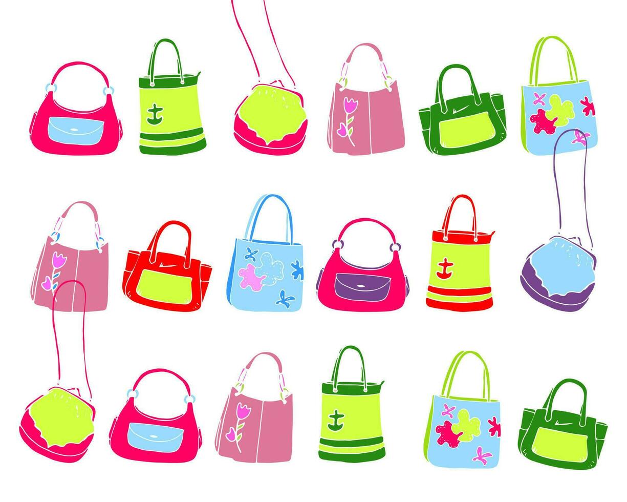 Hand drawn colored women bags set, for your design. Colored hand drawn different types of bags vector